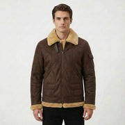 Faux Fur-Lined Aviator Jacket with Shearling Collar and Full Zip for Men