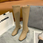 Fitted Knee-High Boots with Block Heel and Square Toe for Women