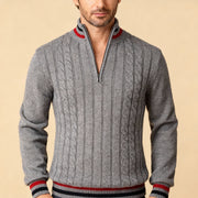 Men's Fitted Cable Knit Sweater with Stand Collar and Quarter Zip