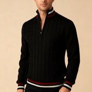 Men's Fitted Cable Knit Sweater with Stand Collar and Quarter Zip