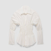 Fitted Stretch Blouse with Ruched Waist and Classic Collar for Women