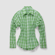 Fitted Stretch Blouse with Ruched Waist and Classic Collar for Women