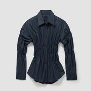 Fitted Stretch Blouse with Ruched Waist and Classic Collar for Women