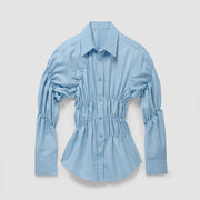 Fitted Stretch Blouse with Ruched Waist and Classic Collar for Women