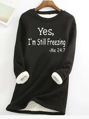 Fleece-Lined Longline Slogan Sweatshirt with Crew Neck for Women