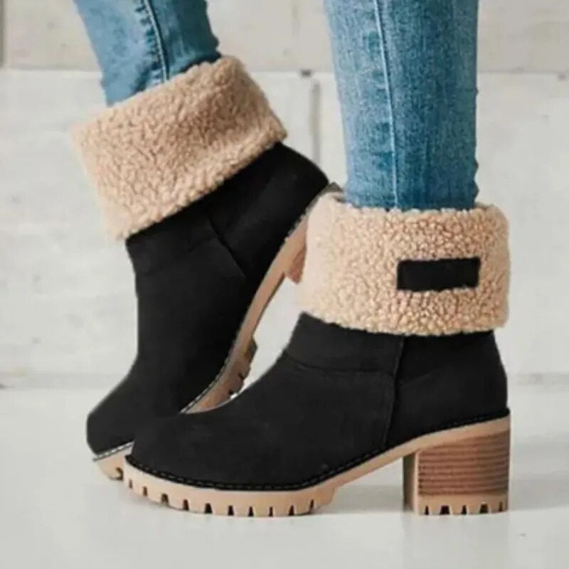 Fleece-Lined Winter Ankle Boots with Sherpa Cuff and Block Heel for Women