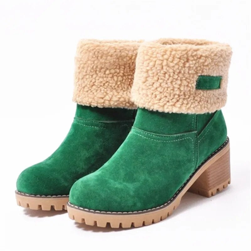 Fleece-Lined Winter Ankle Boots with Sherpa Cuff and Block Heel for Women