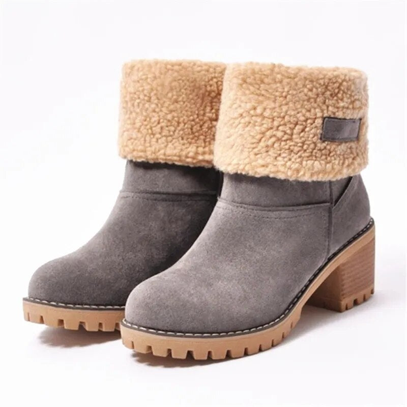 Fleece-Lined Winter Ankle Boots with Sherpa Cuff and Block Heel for Women