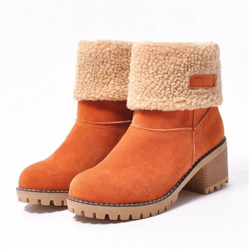 Fleece-Lined Winter Ankle Boots with Sherpa Cuff and Block Heel for Women