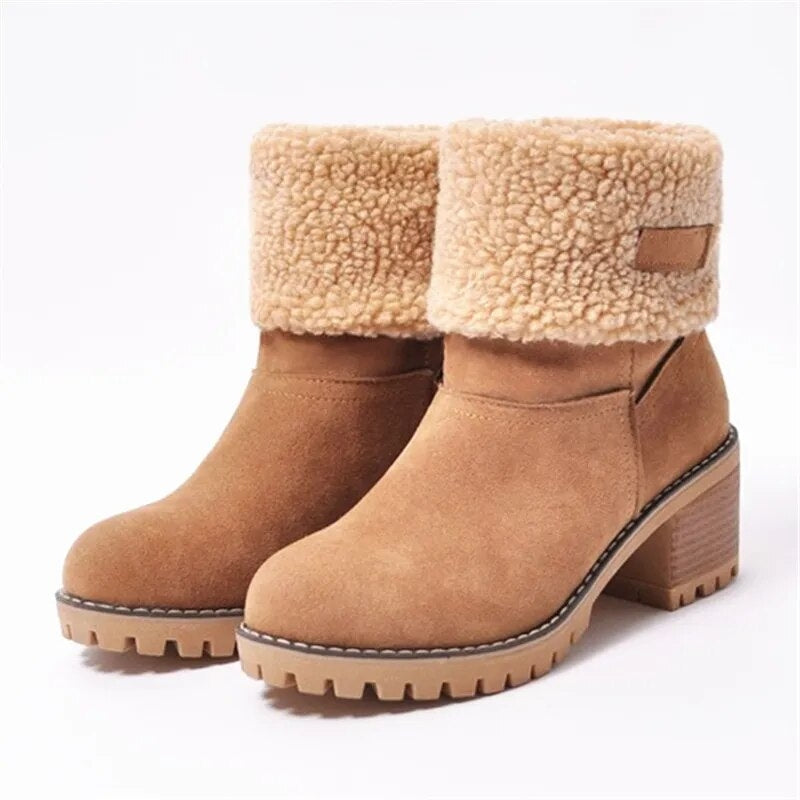 Fleece-Lined Winter Ankle Boots with Sherpa Cuff and Block Heel for Women