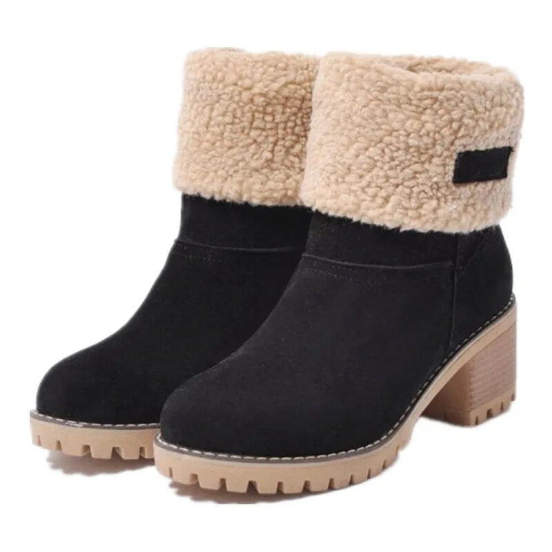 Fleece-Lined Winter Ankle Boots with Sherpa Cuff and Block Heel for Women