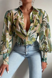 Flowing Floral Print Blouse with Balloon Sleeves and Collar for Women