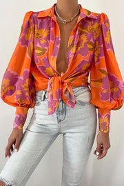 Flowing Floral Print Blouse with Balloon Sleeves and Collar for Women