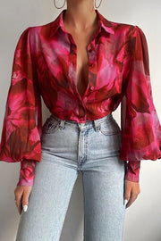 Flowing Floral Print Blouse with Balloon Sleeves and Collar for Women