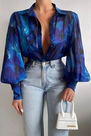 Flowing Floral Print Blouse with Balloon Sleeves and Collar for Women