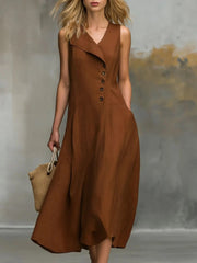 Women's Cocktail Flowy Button-Detail Midi Dress Style Wedding Guest Wear Sleeveless Pockets