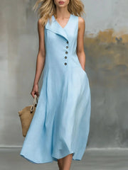 Women's Cocktail Flowy Button-Detail Midi Dress Style Wedding Guest Wear Sleeveless Pockets