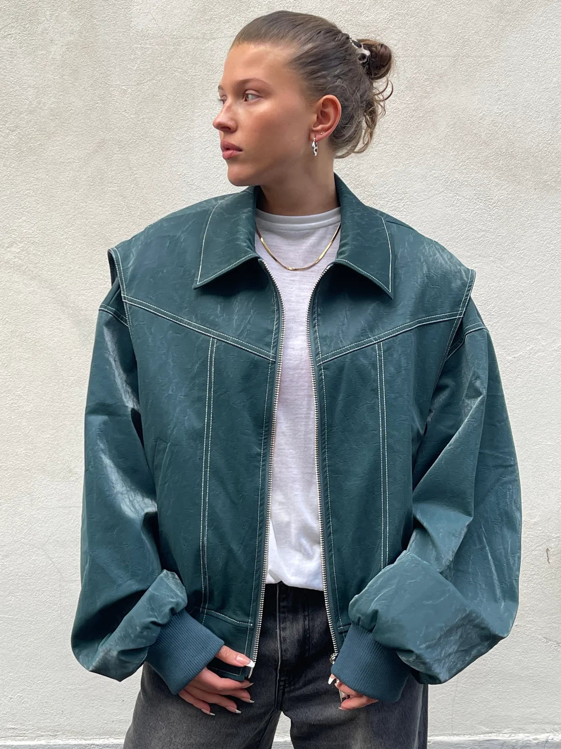 Women's Oversized Faux Leather Jacket with Wide Collar and Ruched Hem