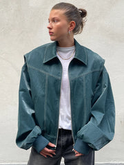 Women's Oversized Faux Leather Jacket with Wide Collar and Ruched Hem
