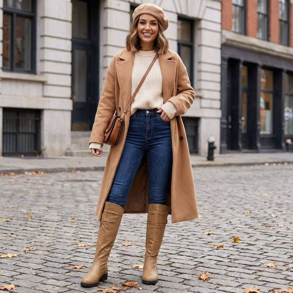 cognac hoge laarzen dames gedragen bij jeans en camelkleurige jas