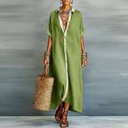 Women's Wedding Guest Linen Button-Down Maxi Dress Casual Comfortable Wear Cotton Breathable