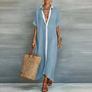 Women's Wedding Guest Linen Button-Down Maxi Dress Casual Comfortable Wear Cotton Breathable