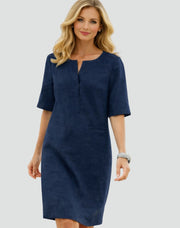 Linen V-Neck Midi Dress Sundress Casual Wear