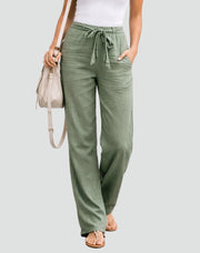 Linen Wide-Leg Trousers with Waist Tie Casual Wear