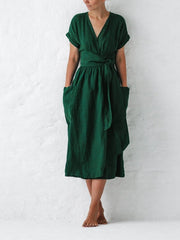 Linen Wrap Midi Dress with Belt