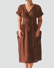 Linen Wrap Midi Dress with Belt