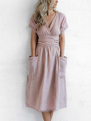 Linen Wrap Midi Dress with Belt