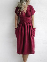 Linen Wrap Midi Dress with Belt