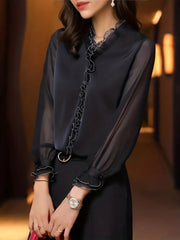 Long Sleeve Ruffle Trim Blouse with Pleated Cuffs and V-Neck for Women