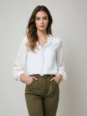 Long Sleeve Ruffle Trim Blouse with Pleated Cuffs and V-Neck for Women