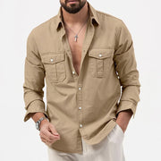 Long Sleeve Utility Shirt with Flap Chest Pockets for Men