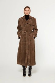 Longline Faux Suede Trench Coat with Belt and Double Breasted Front for Women