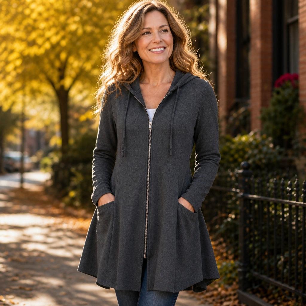 Longline Hooded Zip Jacket with Lined Hood and Side Pockets for Women
