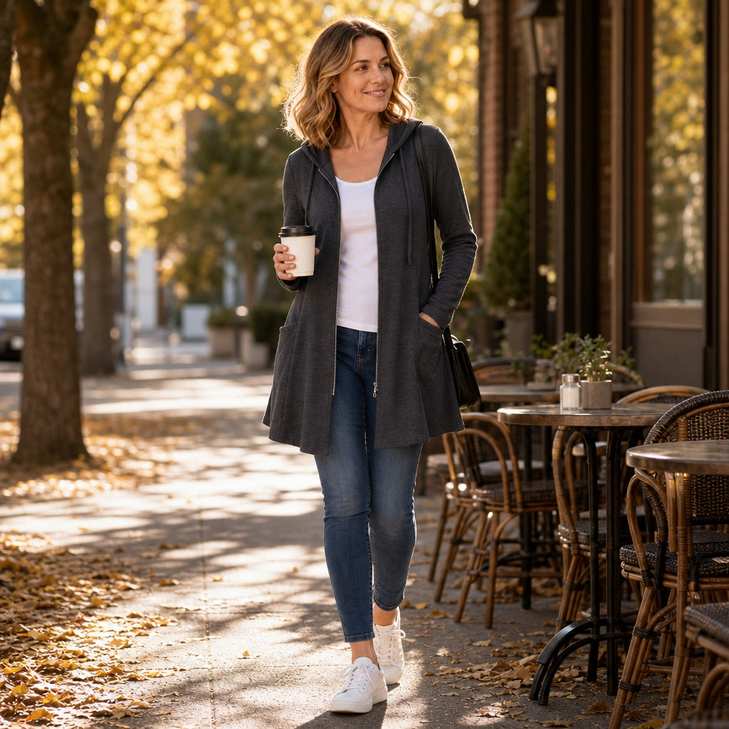 Longline Hooded Zip Jacket with Lined Hood and Side Pockets for Women