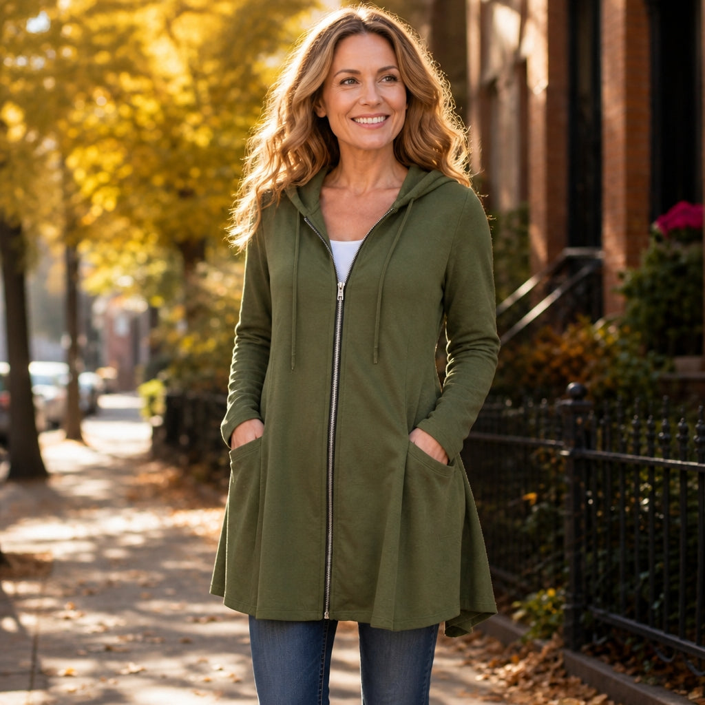 Longline Hooded Zip Jacket with Lined Hood and Side Pockets for Women