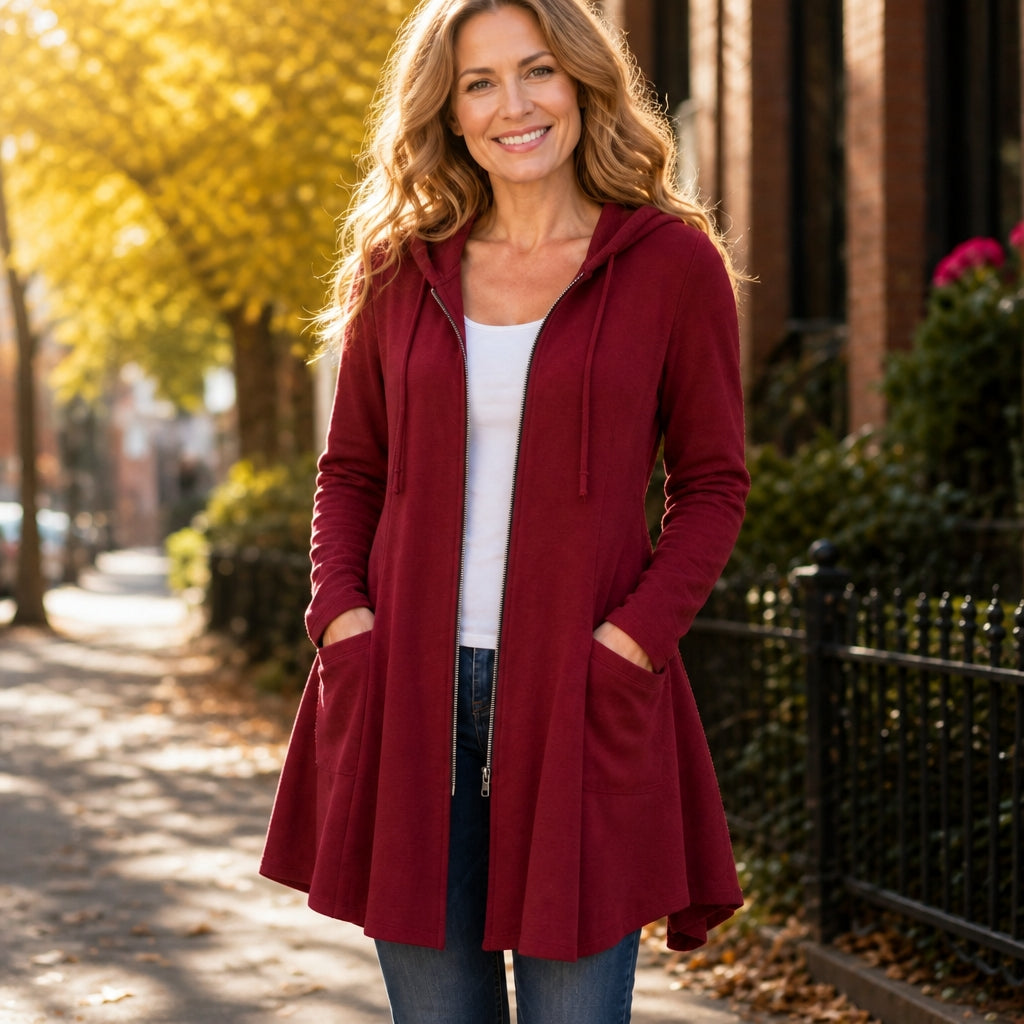 Longline Hooded Zip Jacket with Lined Hood and Side Pockets for Women