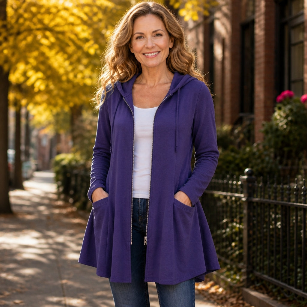 Longline Hooded Zip Jacket with Lined Hood and Side Pockets for Women