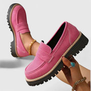 Lug Sole Penny Loafers with Block Heel and Contrast Stitching for Women