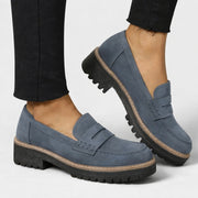 Lug Sole Penny Loafers with Block Heel and Contrast Stitching for Women