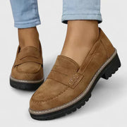 Lug Sole Penny Loafers with Block Heel and Contrast Stitching for Women