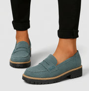 Lug Sole Penny Loafers with Block Heel and Contrast Stitching for Women