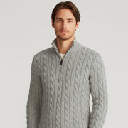 Men's Cable Knit Half-Zip Sweater with High Collar and Ribbed Details