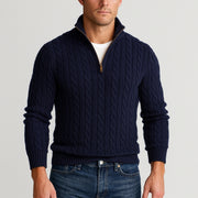 Men's Cable Knit Half-Zip Sweater with High Collar and Ribbed Details