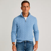 Men's Cable Knit Half-Zip Sweater with High Collar and Ribbed Details
