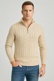 Men's Cable Knit Half-Zip Sweater with High Collar and Ribbed Details