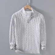 Men's Cable Knit Cotton Quarter Zip Winter Pullover Sweater with Ribbed Cuffs